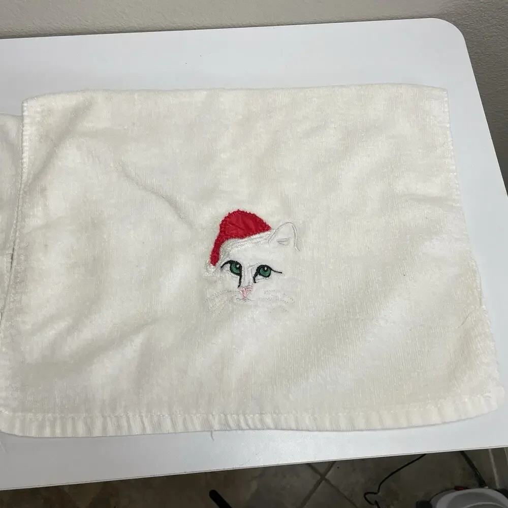 Vintage R.A. Briggs White Cat in Santa Hat 2 Hand Towels Christmas Decor